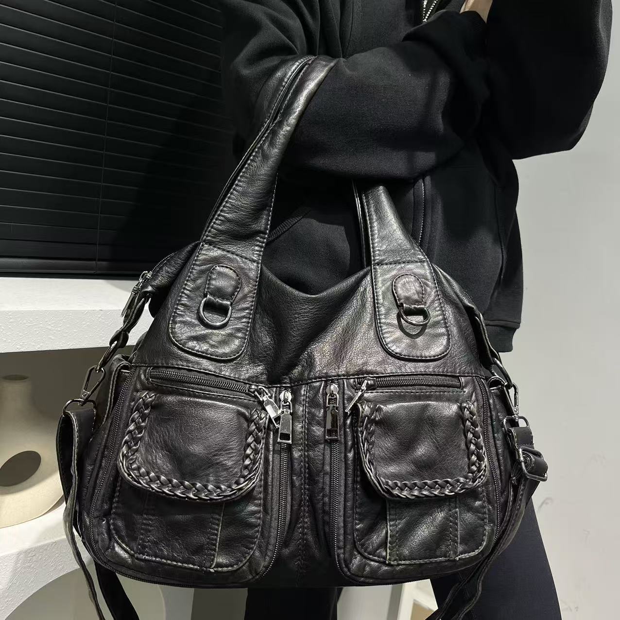 Women's Fashion Y2k Spicy Girl Multi Pocket Washed Tote Large Capacity Outdated Shoulder Bag