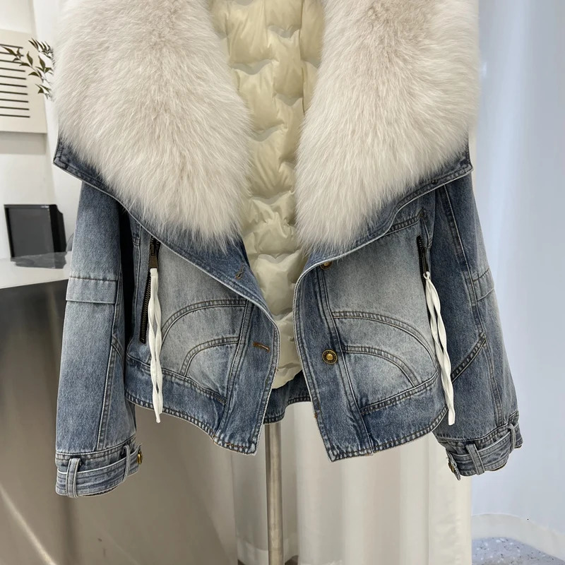 Womens winter coat with real fox fur collar detachable denim fur leather jacket goose down jacket 241210