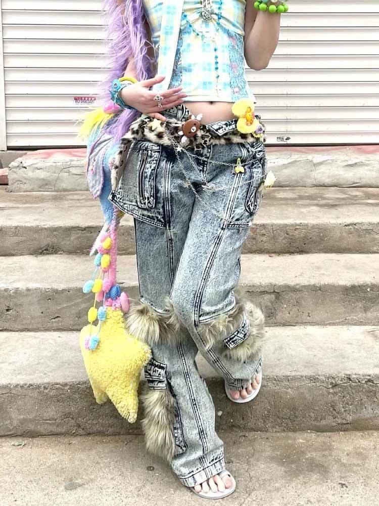 Y2k Trendy Furry Splicing Baggy Cargo Pants Women Retro High Waistsd New Spicy Multi-pocket Haruku Hip-hop Fashion Jeans