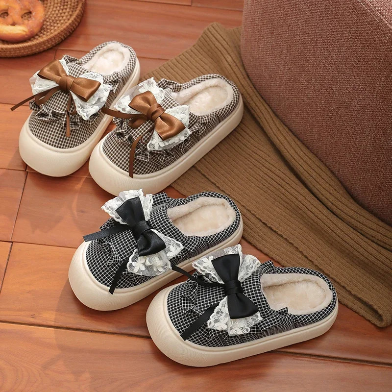 Women Thick Sole Butterflyknot Winter Slippers Ladies Casual Antislip Warm Cotton Shoes Female Outdoor Fashion Flat Footwear 241214