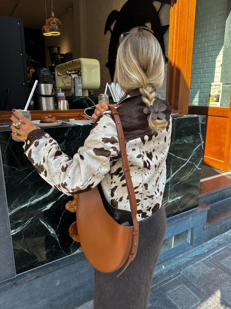 Fashionable Printed Womens Short Leather Jacket with Collar Long Sleeve Single Chest Autumn Womens High Street Top 241214