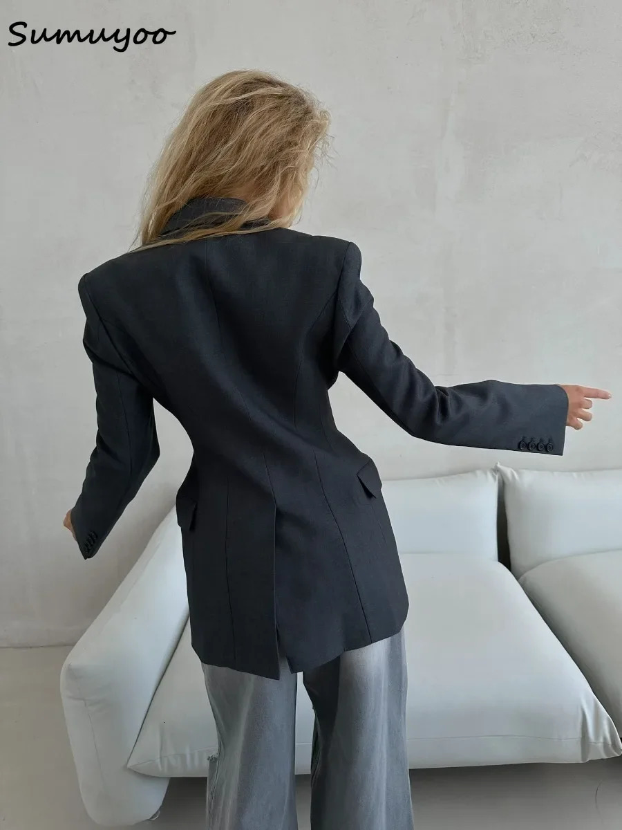 Sumuyoo Blazer Women Autumn Winter Slim Waist Chic Coats Office Ladies Double Breasted Fashion Jacket Clothing 241209