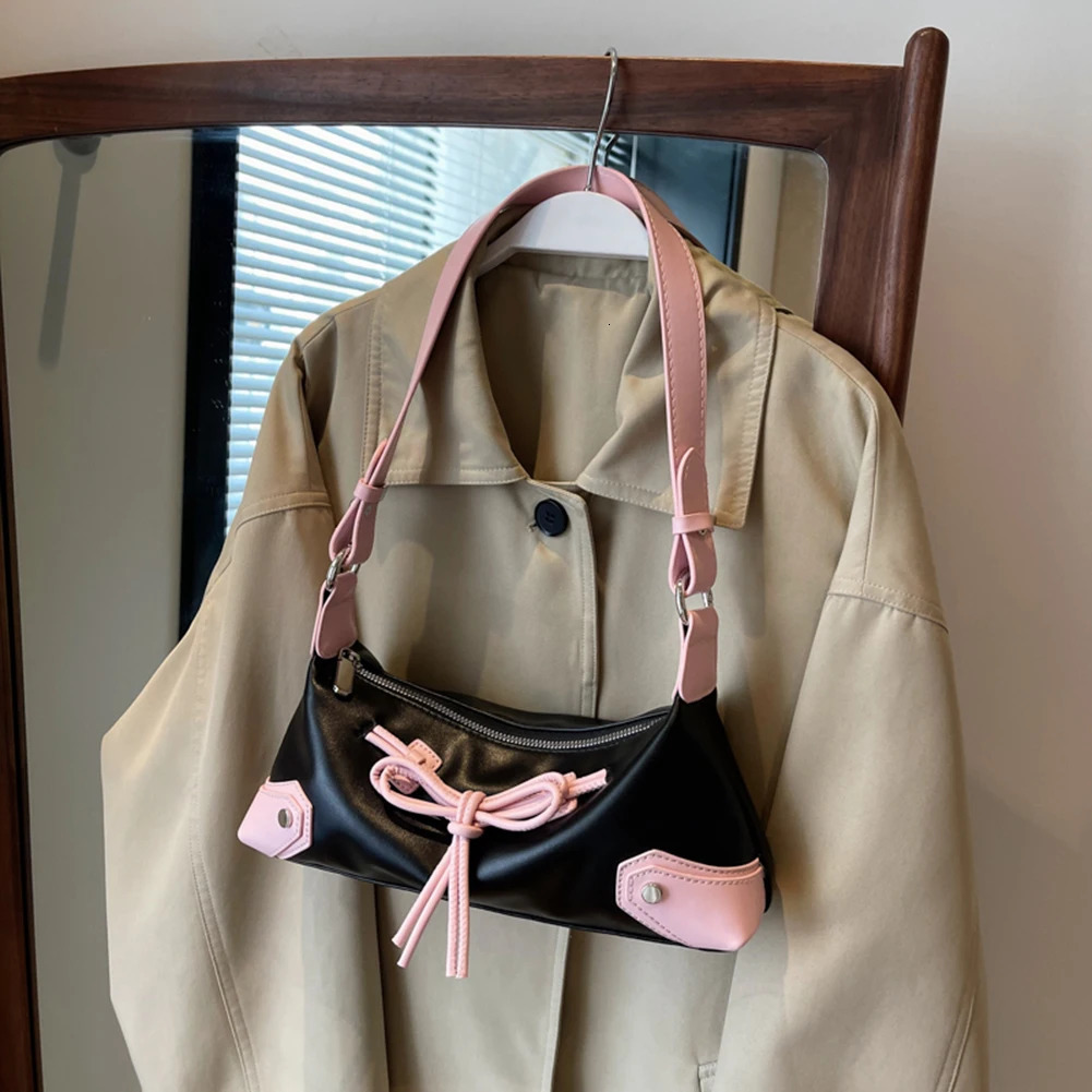 Bow Tie Chic Y2K Handbag PU Leather Trendy Shoulder Bag Contrast Color Clutch Purse Shopping Dating Bag for Women 241213
