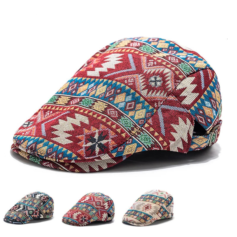 Womens beret jacquard geometric n cotton and polyester 5660cm Bohemian style four season s hat 241210