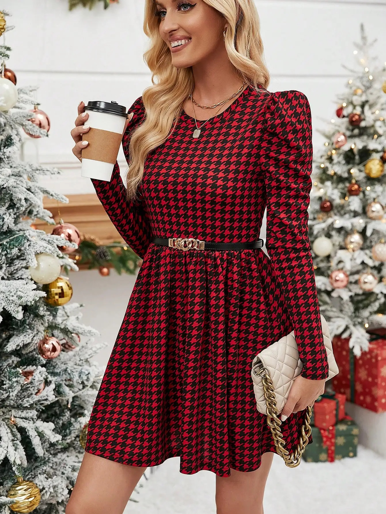 Elegant casual womens dress small neckline long sleeves smooth Aline bodysuit knitted fashionable 241212