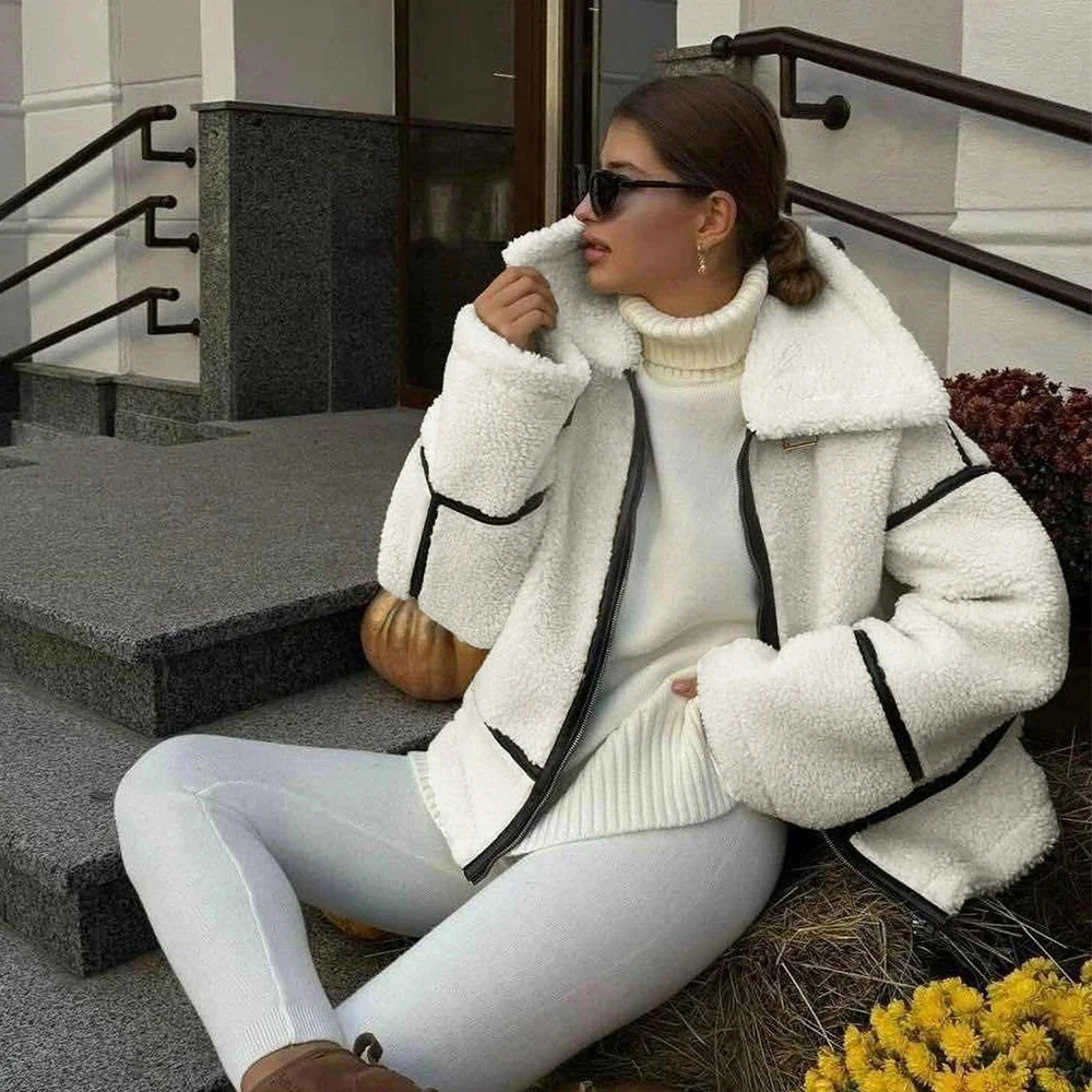 Suninhart Winter Warm Wool Jacket Casual Loose Thick Coat Contrast Color Integrated Artificial Wool Leather Jacket Plush Jacket for Women 241214