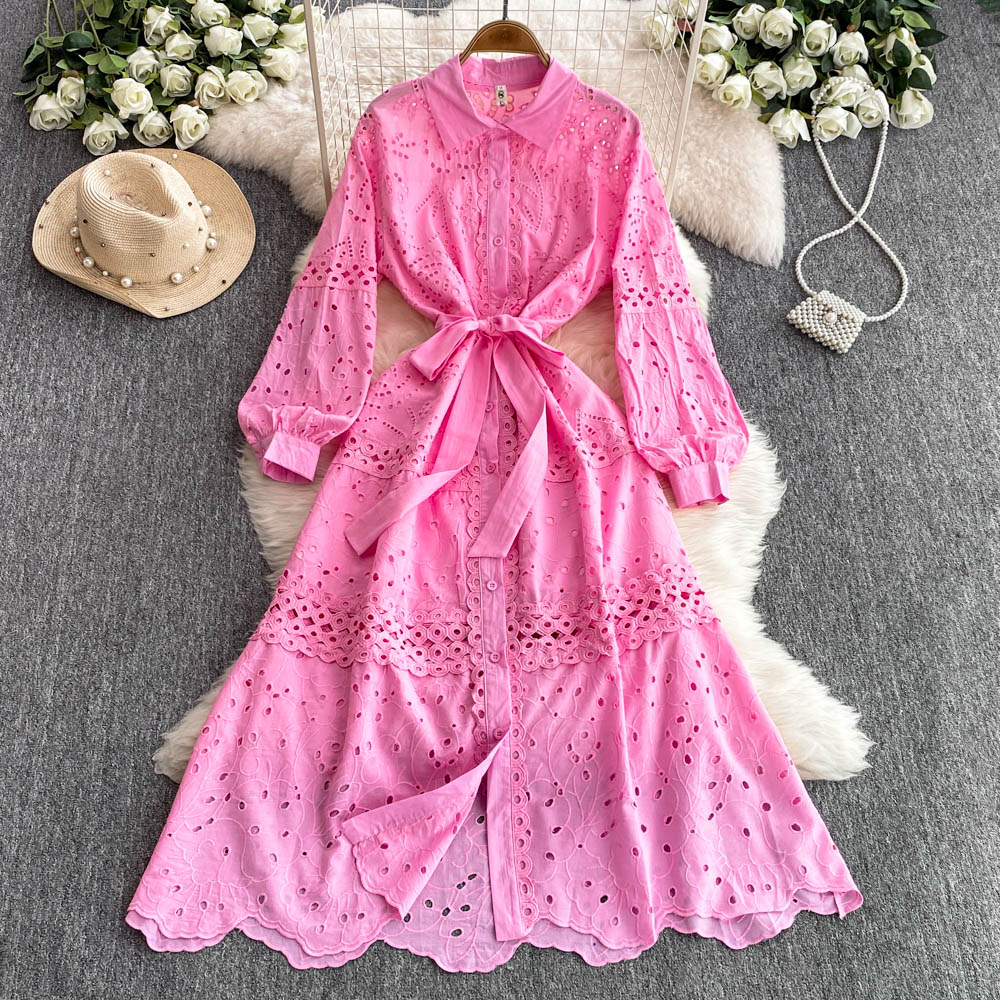 Casual Dresses 2025 Spring Holiday Beach Hollow Out Cotton Dress Women's Long Sleeve Lapel Embroidery Flower Belt Lace Up Party Long Vestidos