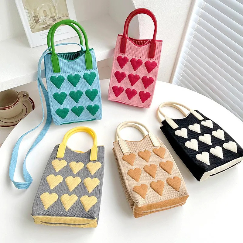 Fashion Love Knitted Handbag Cross Body Bag Korean Womens Handbag Messenger Bag Womens Universal Mobile Phone Bag Shoulder Bag 241213