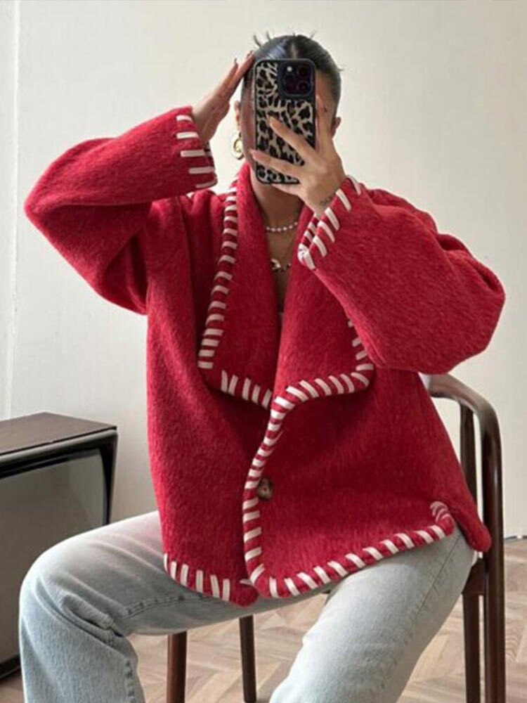 Vintage Large Collar Patchwork Short Coat Women Loose Solid Lapel Button Woolen Coats Female Autumn Chic Elegant Street Outwear