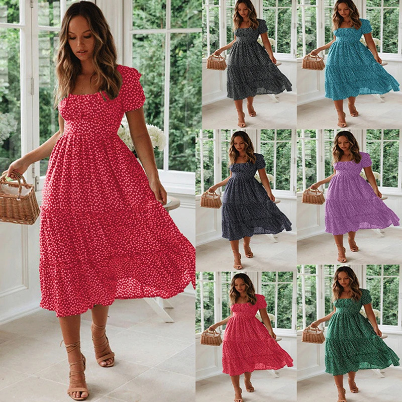 Elegant printed short sleeved dress for women with square neckline sexy casual midi vacation party night womens 241212