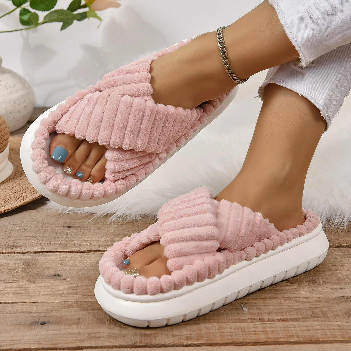 Autumn Winter Corduroy Home Slippers Women Cross Band Thick Soft Sole Slides Platform Shoes Woman Non Slip Indoor 241214