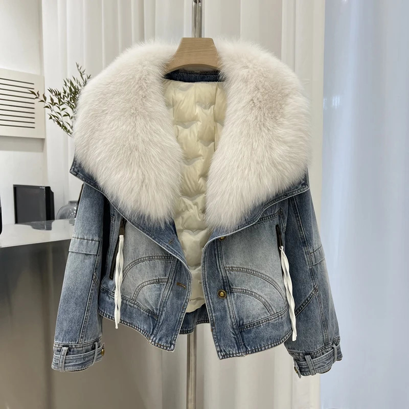 Womens winter coat with real fox fur collar detachable denim fur leather jacket goose down jacket 241210