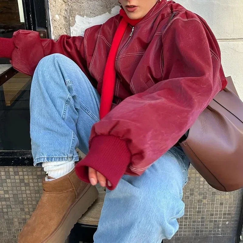 Retro contrasting patchwork lapel long sleeved jacket for women loose solid zipper Pu leather jacket 241214