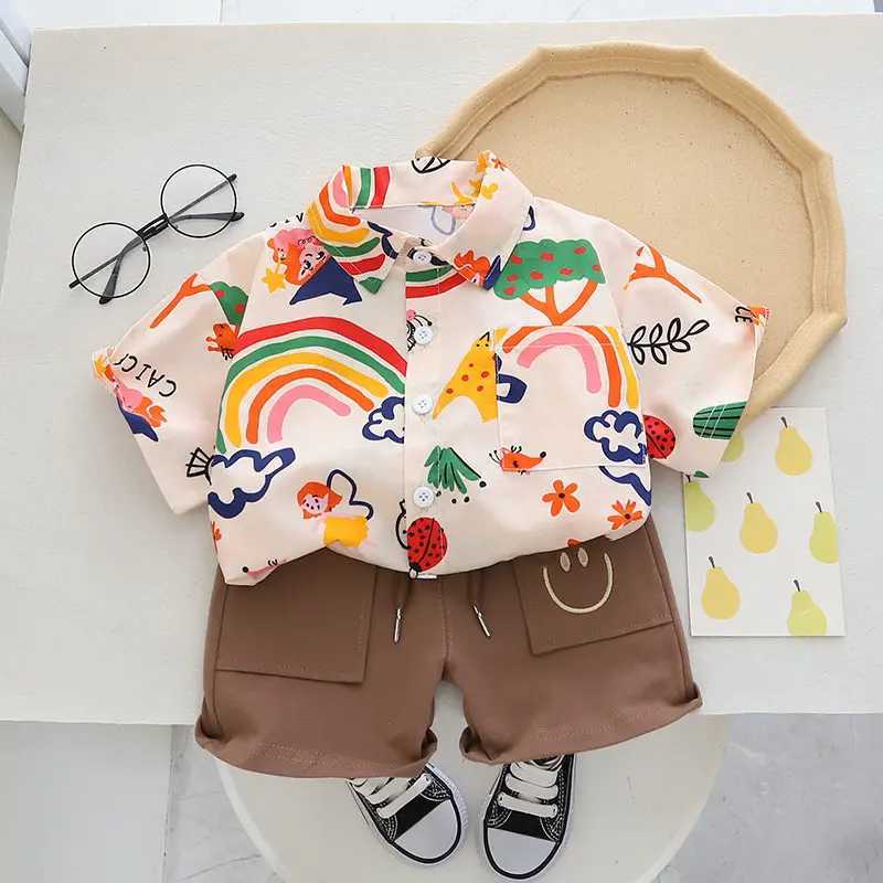 Clothing Sets Kids Fashion Clothes Summer Kids Boys Girls Causal Printe Rainbow Shirt Shorts 2Pcs/Set Baby Toddler Clothing Infant 0-6 Years H241214
