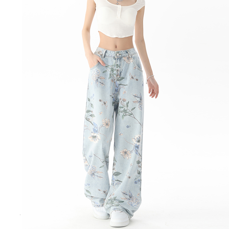 Vintage ral Print Waist High Street Blue Straight Jeans Pants Korean Fashion Women's Wide Leg Baggy Denim Trouser Y2K