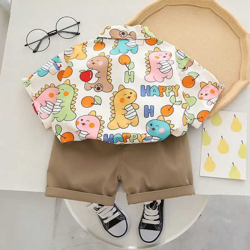 Clothing Sets Children Clothes Spring Cartoon Baby Boy Short Sleeve Full Printe Dinosaur Shirts Pants 2Pcs/set Kid Fashion Toddler Tracksuits H241214