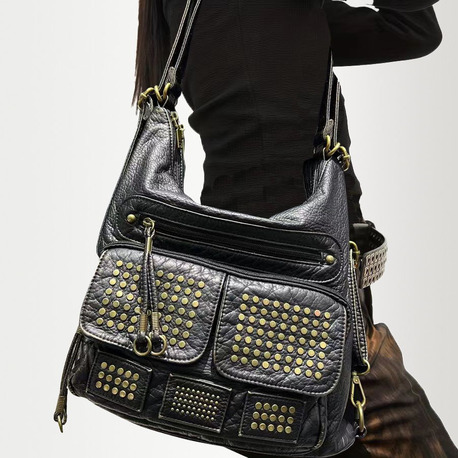 TEMU Women's Fashion Rivet Hot Girl Washed Tote Bag Large Capacity Aging Multi Functional Backpack