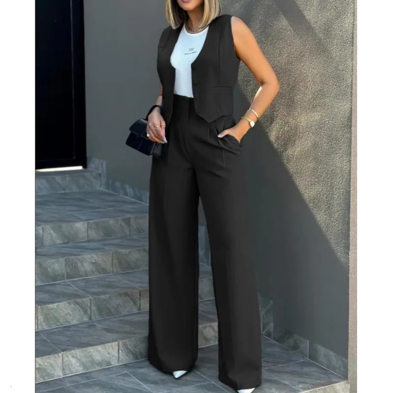 Casual Suits Womens Commute Tracksuit Button Vest Wide Leg Pants Suit Solid Tracksuit Elegant Ladies Loose Pants 2 Pieces Set 241214