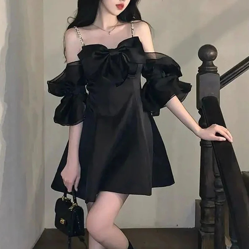 French bow lace womens mini dress summer spaghetti shoulder strap solid sexy puff sleeve vest 241212