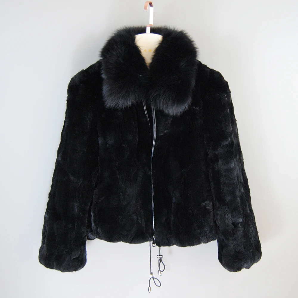 Fashion Lady 100% Natural Rex Rabbit Fur Coat Women Winter Thick Warm Real Jacket With Quality Fox Collar 241211
