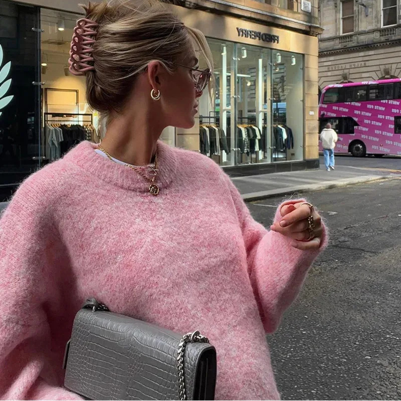 Sweet Pink Soft Womens Knitted Sweater Long Sleeve ONeck Full Match 2024 Winter Fashion Thick Loose Jumper 16O3416 241211