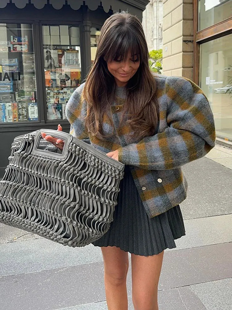 Retro Contrast Plaid Long Sleeve Women Woolen Coat Round Neck Double-breasted Jackets Autumn Female High Street Outerwear 241214