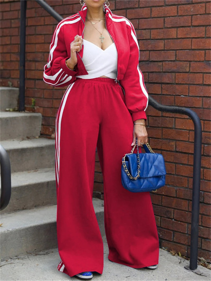 2 Piece Sets Women Outfit Fall Clothes Side Striped Zip Top Wide Leg Pant Casual Tracksuits Set Sweat Suit 241209