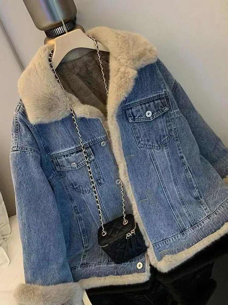 Winter wool thick denim jacket womens loose casual warm fur collar long sleeved clothing 241211