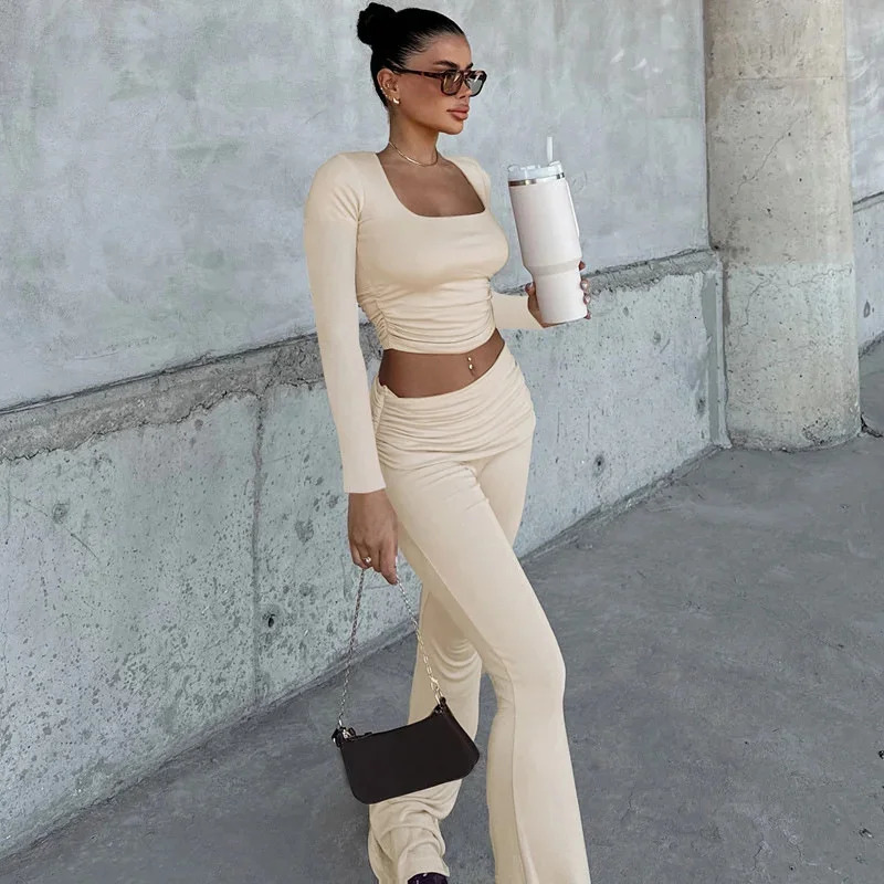 Autumn Women 2 Piece Sets Classic Basic Full Sleeve Uneck Crop Tees High Waist And Slim Pants Female Matching Suits 241209