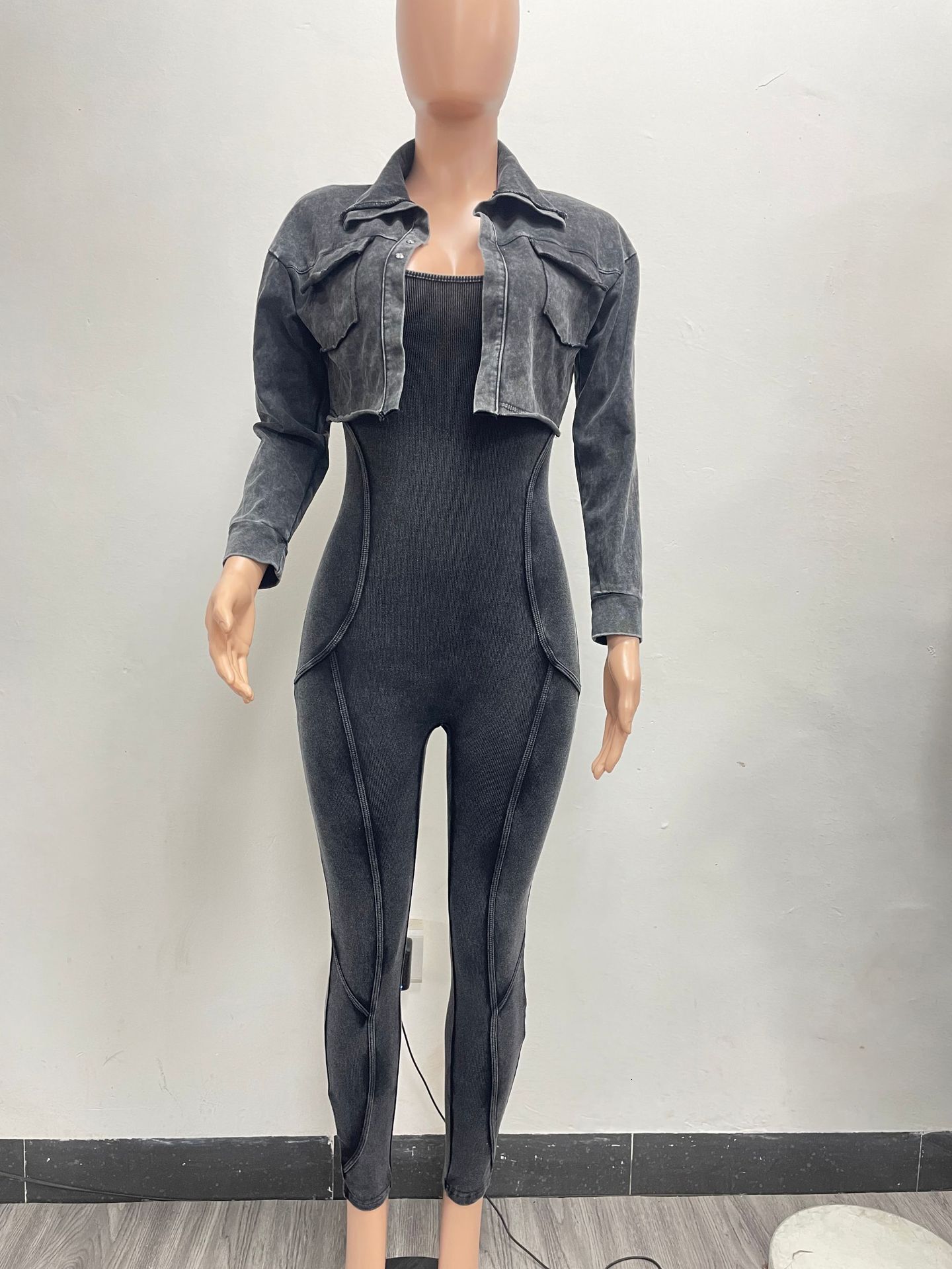 Fashion Women's Washed Knitted Long Sleeve V-Neck Coats+Pencil Jumpsuits Active Two 2 Piece Set Outfits Tracksuit