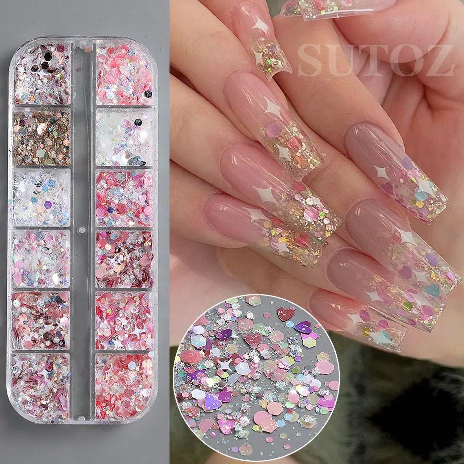Heart shaped Nail Art Sparkling Glitter Holographic Pink Star Round Hexagonal Oil Painting Ergonomic Decoration LEXMSH 241213