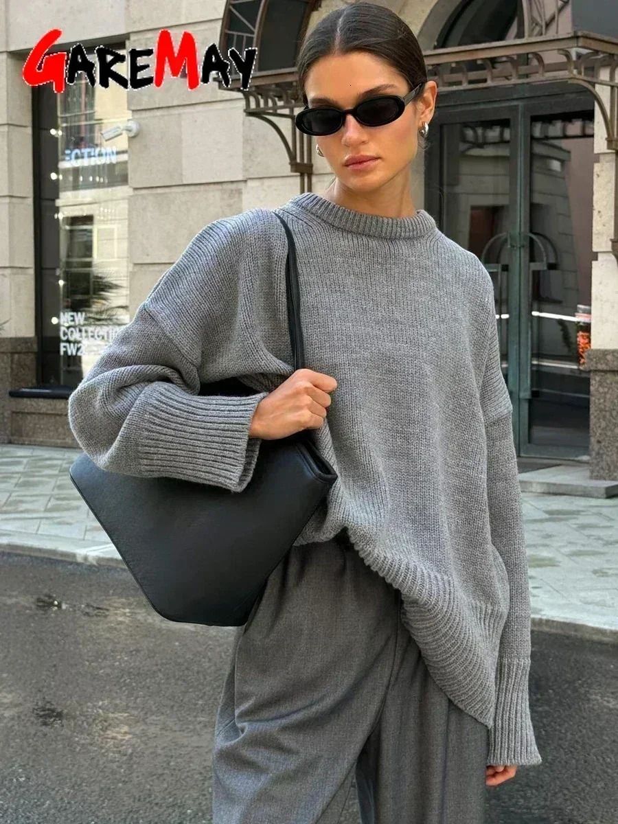 Winter womens oversized sweater Burgundy Oneck retro floral skydiving basic gray warm knit 241211