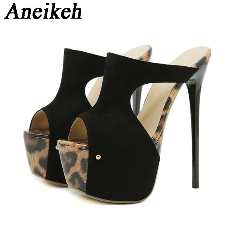 Aneikeh Summer Extreme Platform High Heels Black Leopard Print Rivet Slippers Ladies Sexy Sgback Sandals Mules Slides Shoes