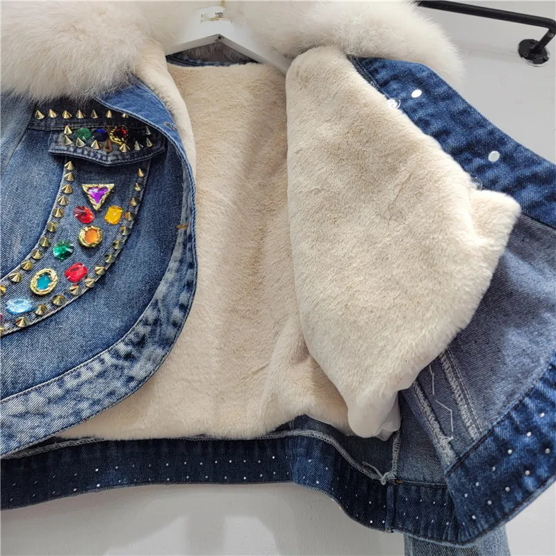 Artificial fur winter denim jacket for women thick cotton lining dress Korean version color crystal short Parka jacket 241210