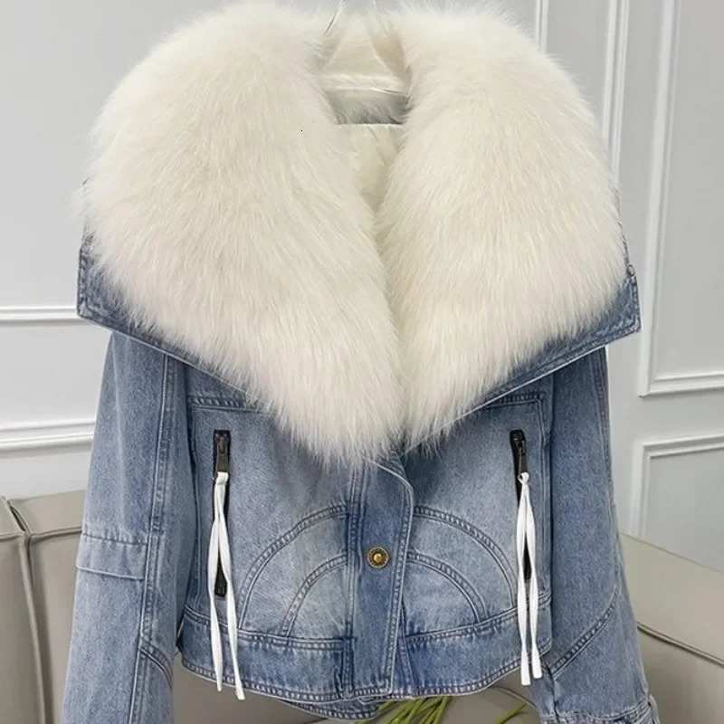 High Quality Womens Down Cotton Jacket Explosive Fur Coat 2025 Winter Oversized Fox Hair Detachable Denim Jacket 241213