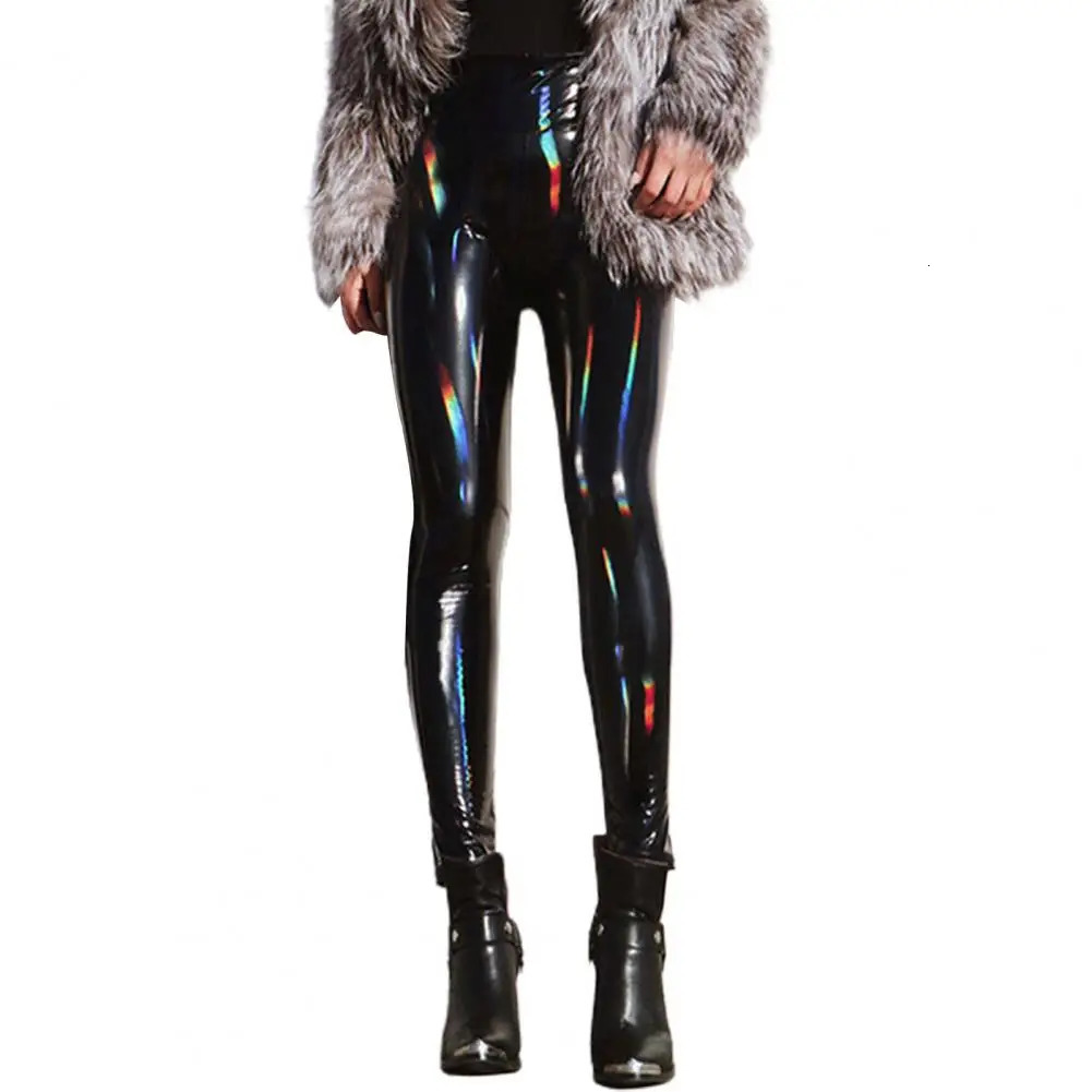 Sexy and shiny womens leather pants high waisted mirror ultrathin black Trouser nightclub pencil PU 241212