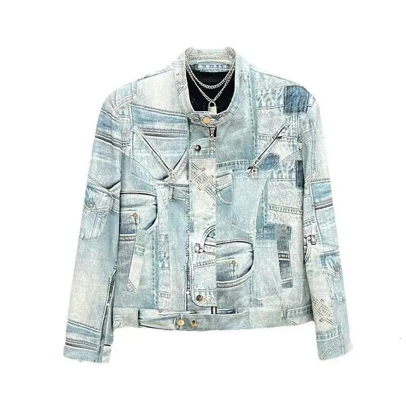mens casual denim jacket Korean version cotton print lapel short sequin jacket 241209