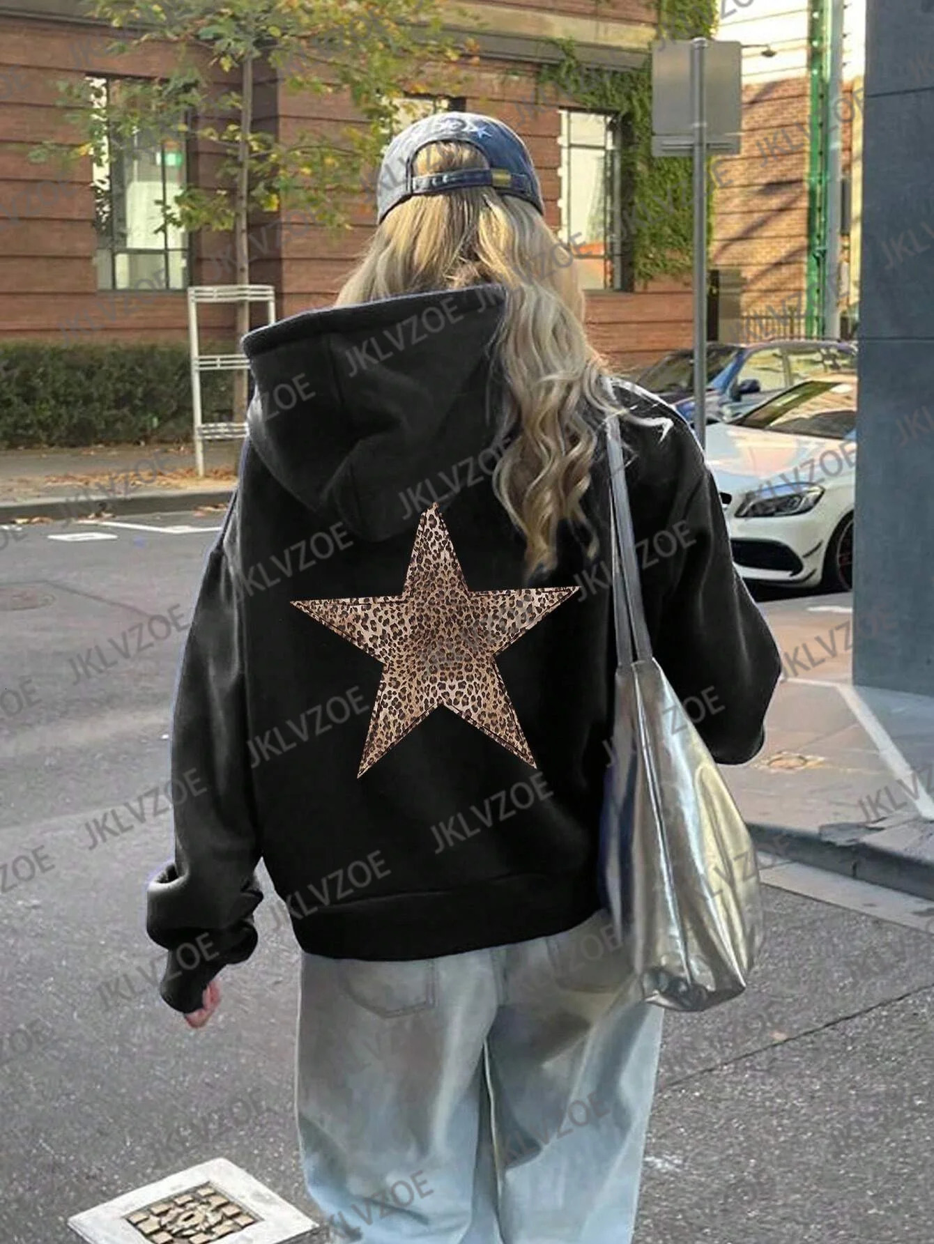Winter womens leopard print and five point star sportswear Harajuku Pullover cotton hoodie loose casual womens streetwear 241214