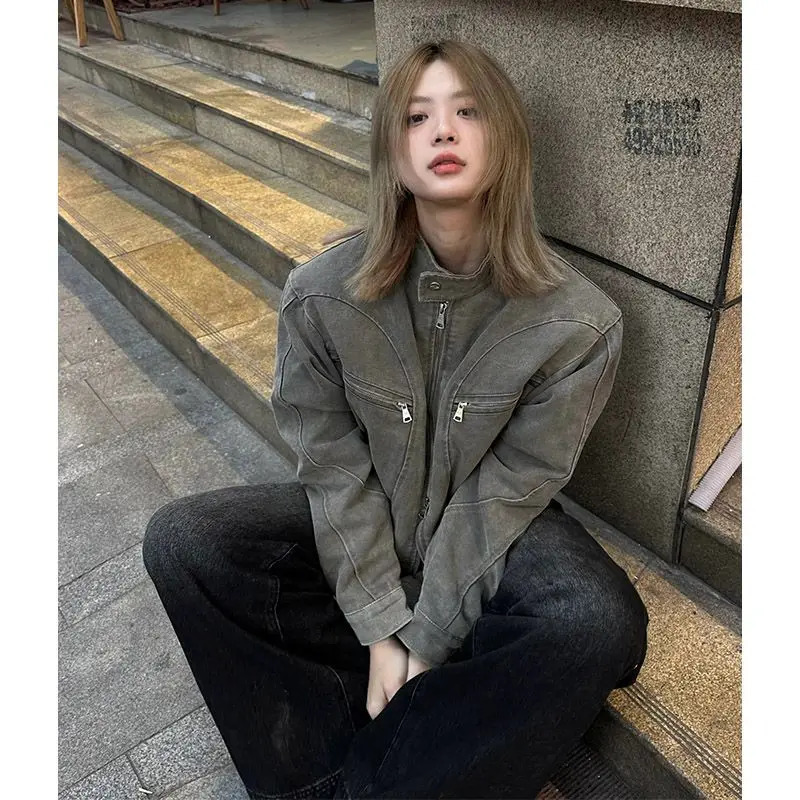 Korean Retro Washed Short Denim Jacket Mens Spring and Autumn Personalized Niche Stand Collar Y2K Jacket Tops 241214