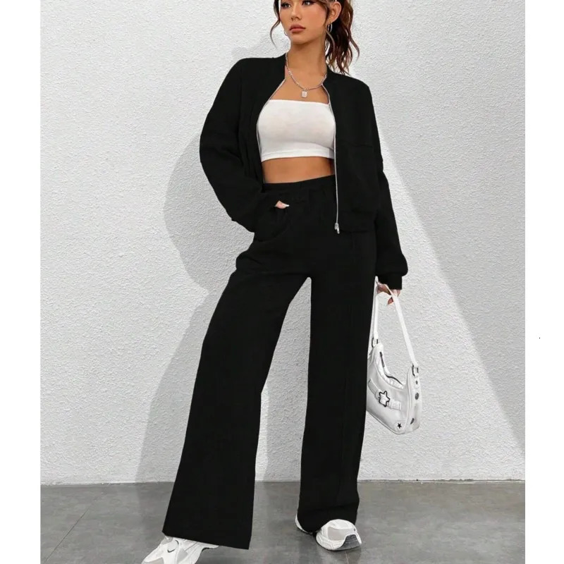 Grey Bomber Jacket Pant Women 2 Pieces Set Casual Long Sleeve Zipper Coat Solid Sweatshirt Trousers Suit Fall Sportwear y241203