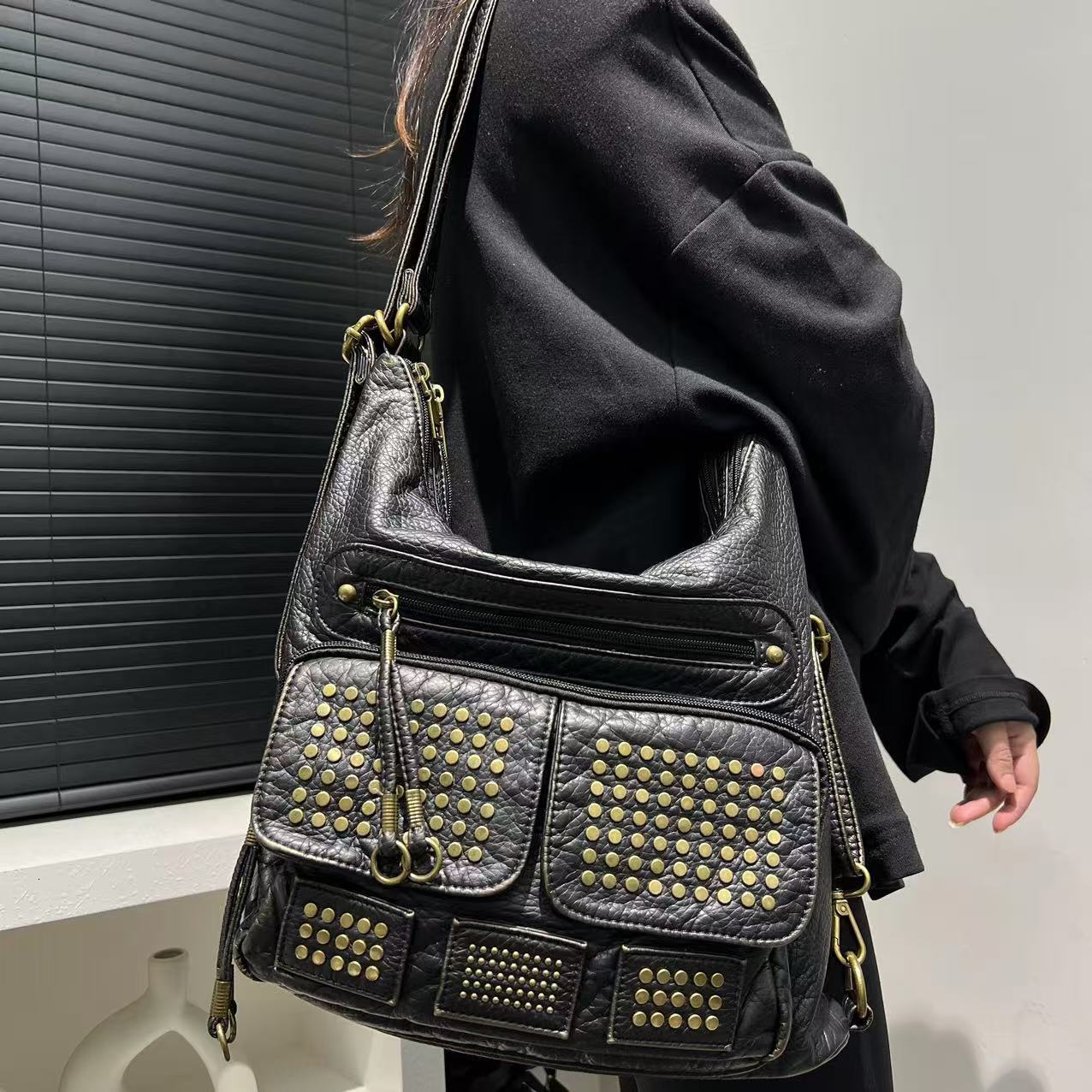 TEMU Women's Fashion Rivet Hot Girl Washed Tote Bag Large Capacity Aging Multi Functional Backpack