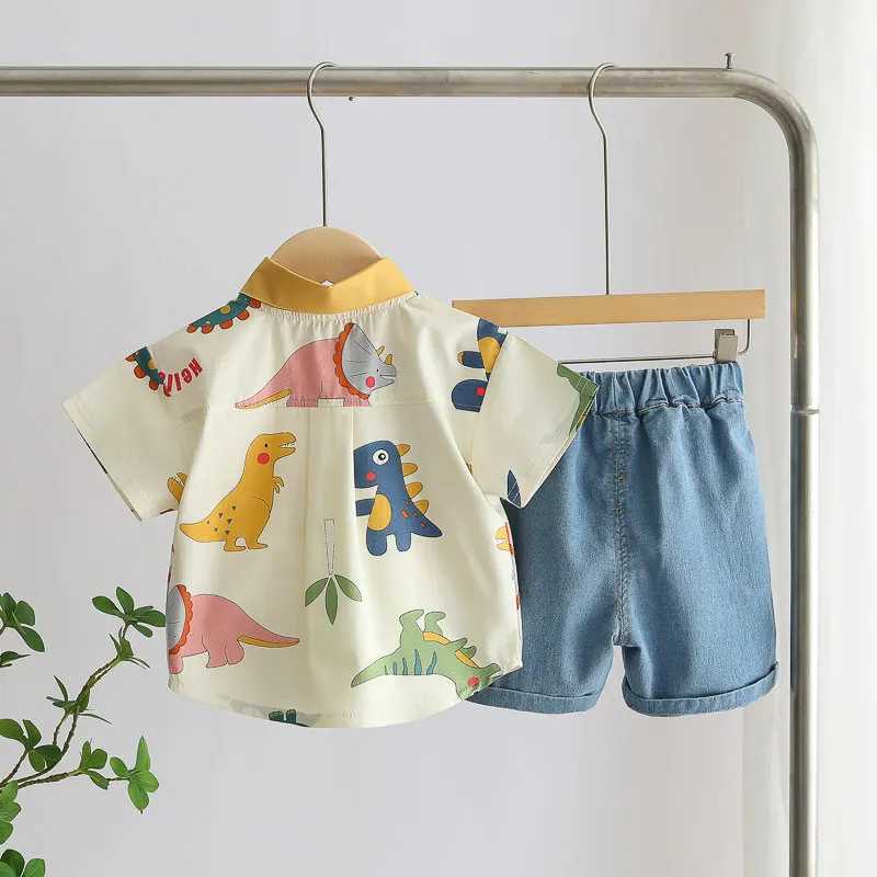 Clothing Sets Cotton Clothes Kids Boy Summer Children Print Dinosaur Shirts Denim Shorts 2Pcs/Set Kids Fashion Toddler Tracksuits 0-5 Years H241214