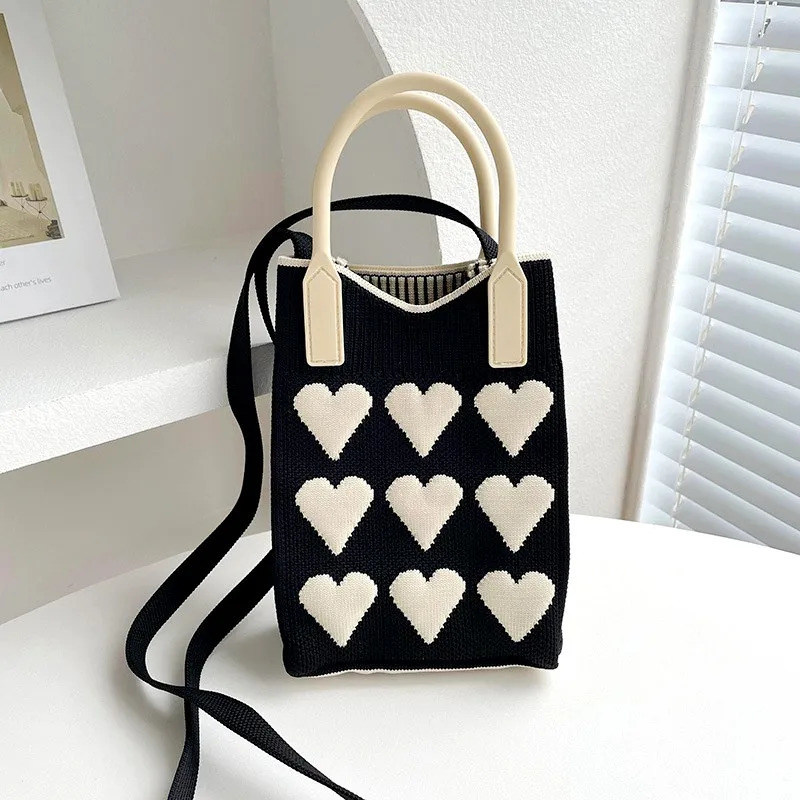 Fashion Love Knitted Handbag Cross Body Bag Korean Womens Handbag Messenger Bag Womens Universal Mobile Phone Bag Shoulder Bag 241213