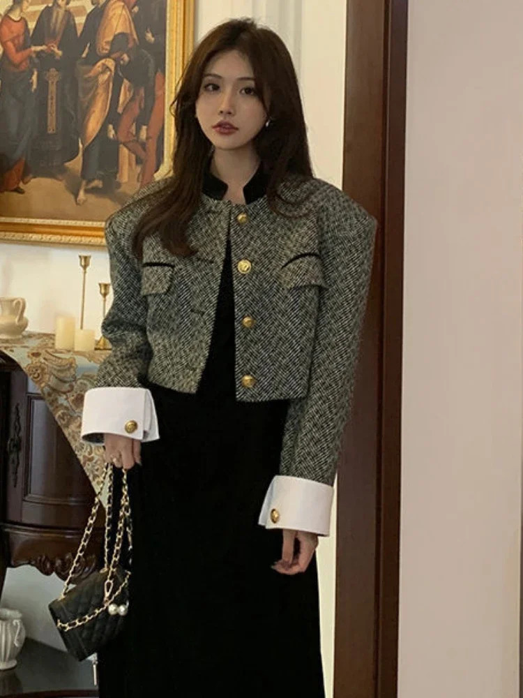 Womens Fashion Korean Chic Retro Coarse Felt Jacket Womens Spring Contrast Cut Jacket Elegant Office Womens Jacket 241214