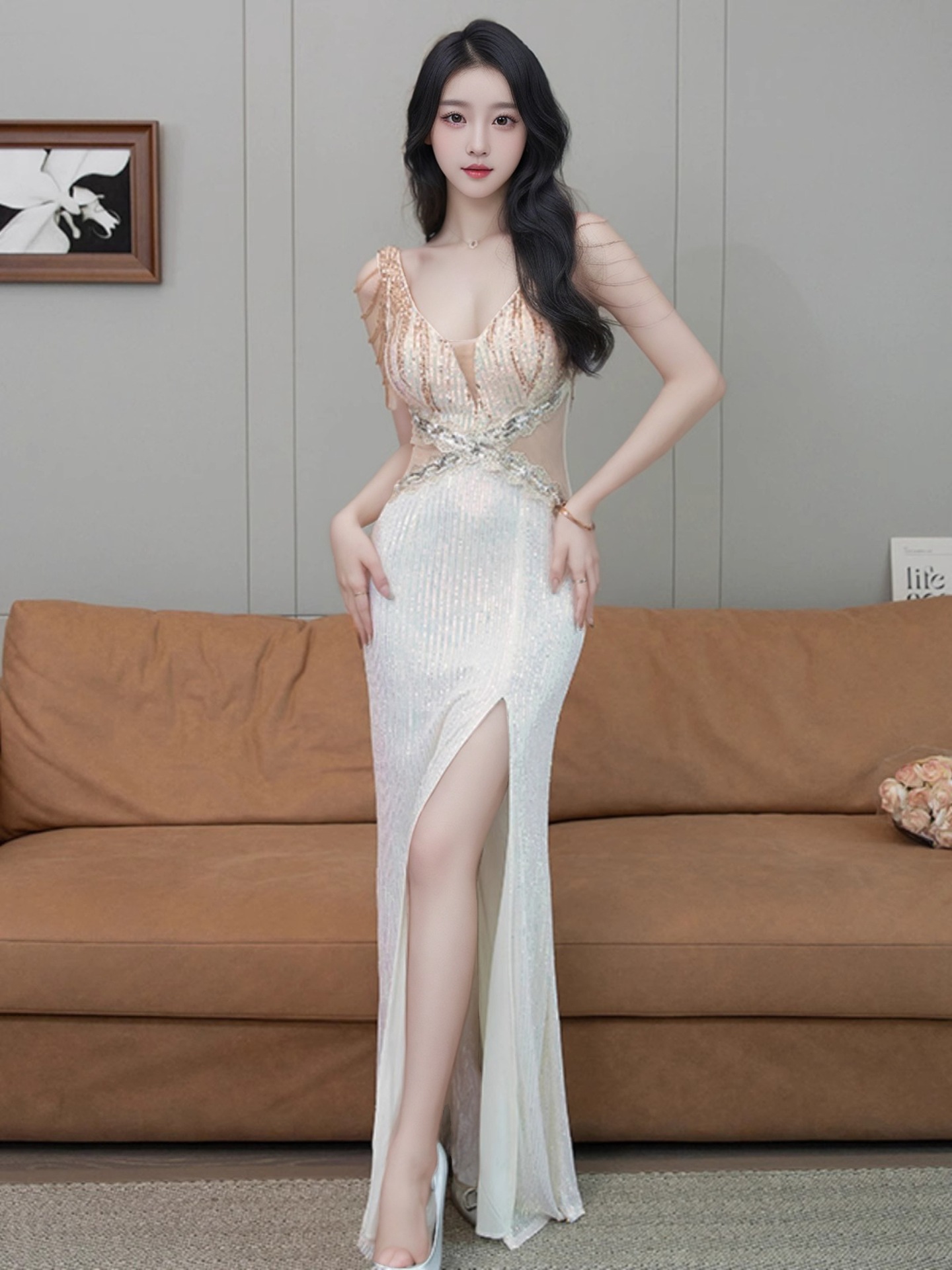 F150 Evening Dress Women's Banquet Temperament Light Luxurious Niche Shining High-end Atmosphere High-end Hosting Annual Meeting Long Dress