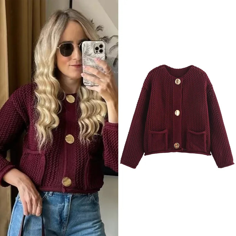 HXAO Womens Sweater Crochet Burgundy Sweater Cardigan Autumn Winter Crop Knit Outerwears Knitwear Long Sleeve Big Size Cardigan 241214