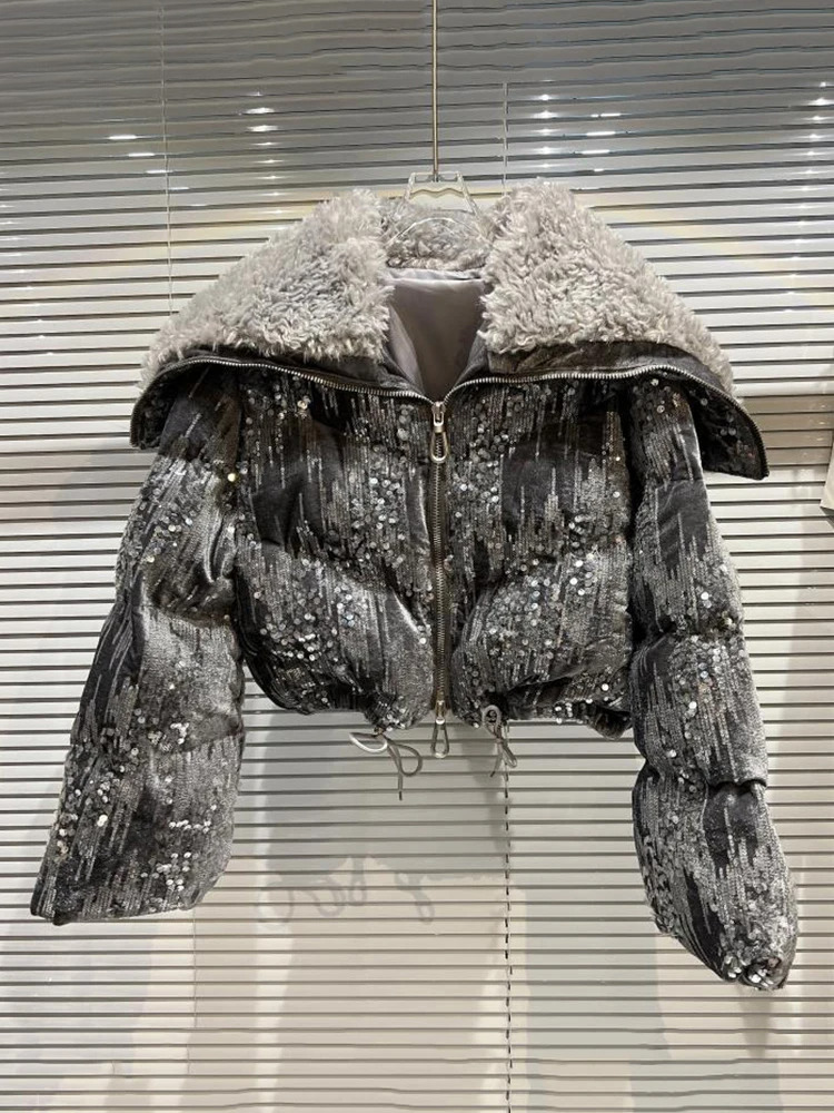 Winter New High-Quality Temperament Fashion Tweed Navy Collar Sequined Loose Long Sleeves Short Cotton Jacket 11P0430