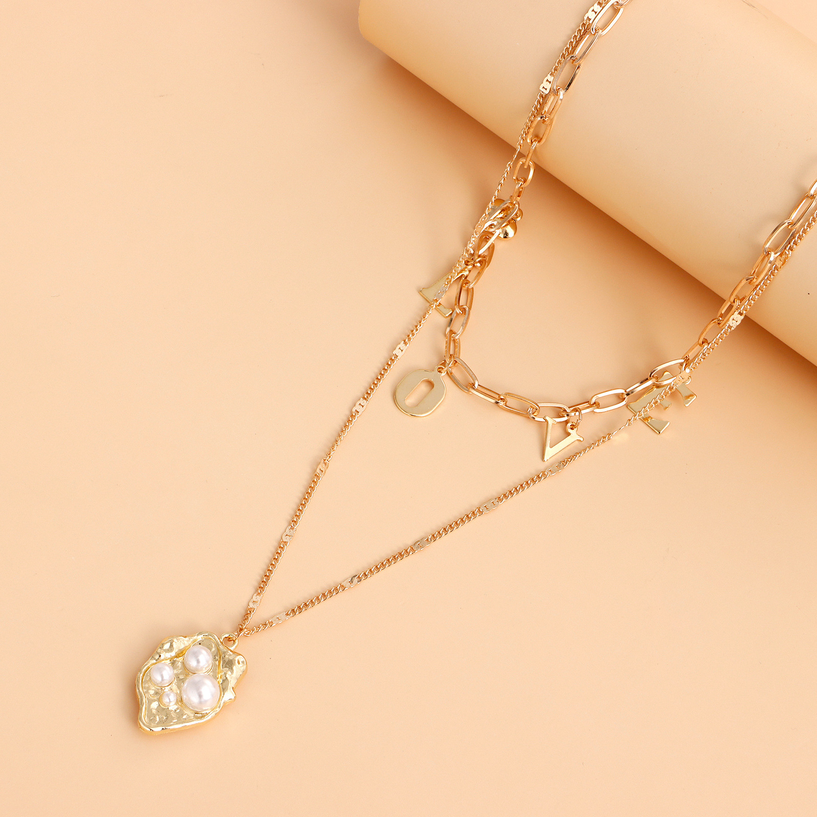 Minimalist LOVE Letter Layered Necklace with Pearl Pendant - European Metal Style Jewelry 2025 New In Stainless Steel Gold Plated Pearl Leaf Pendant Y