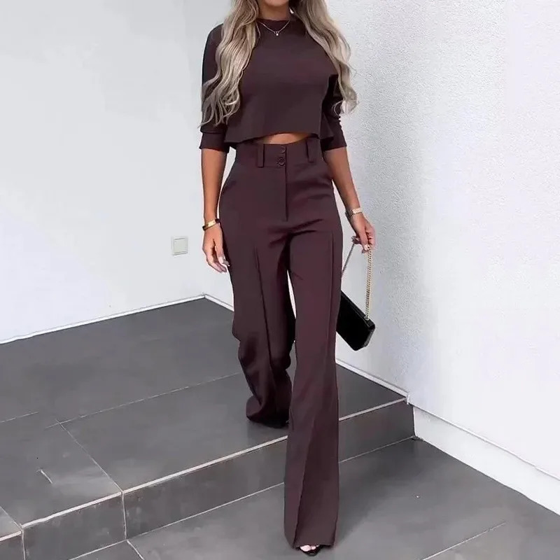 Summer Autumn Elegant Womens Temperament Top Round Neck Seven Quarter Sleeve Head Solid Color Top Wide Leg Pants Two-piece Set 241214