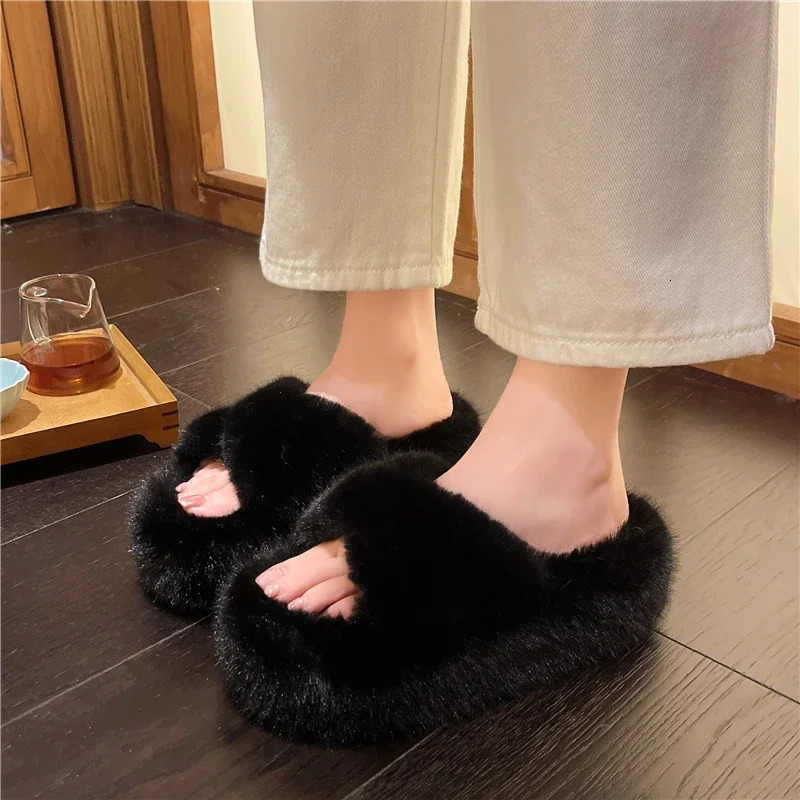 Chunky Platform Fur Slippers Women Autumn Thick Bottom Furry Outdoor Woman Short Plush ner Shoes 241214